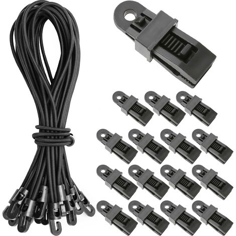 20 pièces Tendeurs Elastique avec Crochets 25 cm + 20 Clips de Bâche, Tendeur Elastique, Sandow pour Bache – pour Camping de Tente, Vélo, Transport de Marchandises (Noir) (1/5)