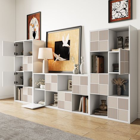 Bibliothèque 60x30x125cm, Étagère, Meuble de Rangement avec 8 Compartiments, Étagère sur Pied, Meuble de rangement 5 niveaux, portes à lattes, MDF,Blanc, pour Salon, Chambre Or Bureau (1/5)