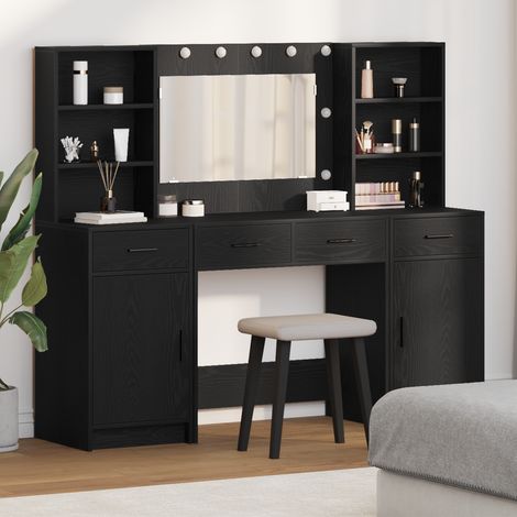 Vidaxl – Coiffeuse enfant avec miroir acrylique et lumière LED – 135 cm – Bois d'ingénierie noir – Rangement avec tiroirs et étagères (1/5)