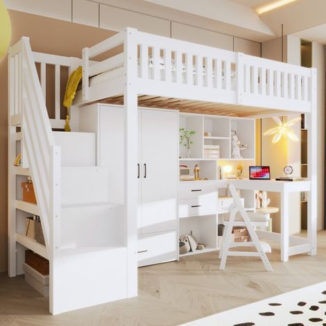 Lit Mezzanine 90x200cm avec Bureau, Armoire et Escalier de Rangement - Bois Massif - Blanc (1/5)