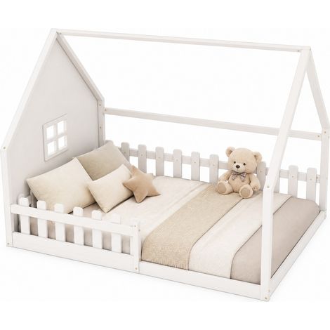 Lit cabane enfant 140 x 200 cm avec barrière de sécurité, structure en pin et MDF, blanc, style maison pour chambre d’enfant – CHICFURN (1/5)