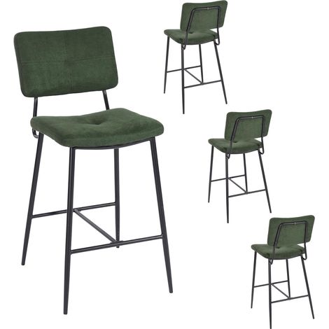 Lot de 4 Tabouret de Bar Rétro avec Dossier et Repose-Pieds, Siège Rembourrés de 69 cm de Haut, Cadre en métal, Chaises Hautes en Tissu Vert (1/5)