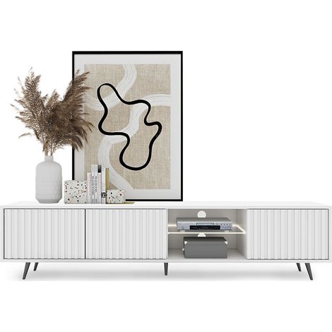 Selsey – Meuble TV 3 portes avec éclairage LED – 175 cm – blanc – pieds en acier noir – rangement optimisé – jusqu’à 75’’