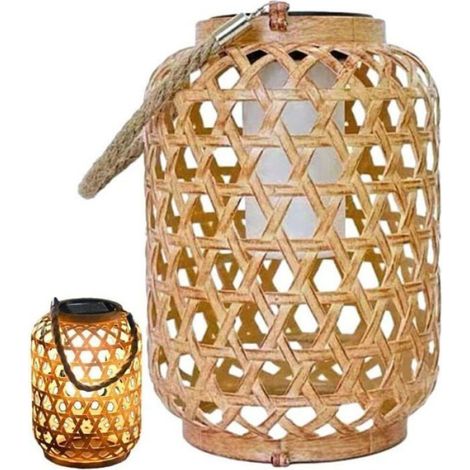 Lanterne Solaire en Bambou Tissé Naturel (1 Pièce), Faite à la Main, Style Chinois à Vent, Suspendue, Pour Cour/Jardin (1/3)