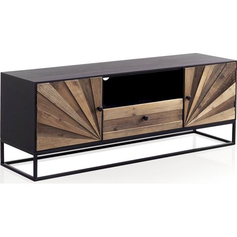 Meuble TV bois et métal style industriel portes décoratives - noir et bois naturel contrasté (1/5)
