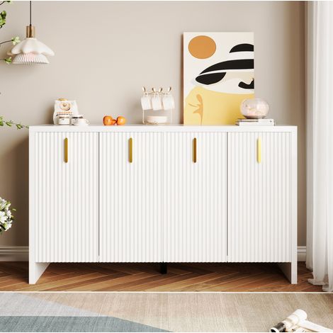 Buffet en panneaux de particules blanc 140 x 38 x 80 cm avec 4 portes, tablette réglable et poignées dorées (1/5)