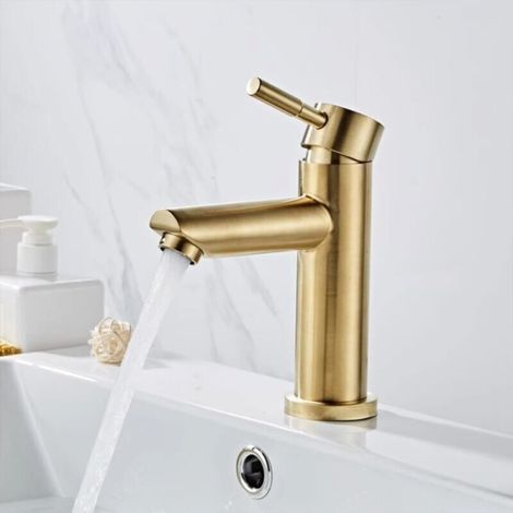 Waschbeckenarmatur, modernes, elegantes Design, Einhebel-Waschtischmischer aus gebürstetem Goldmessing, Warm- und Kaltwasser verfügbar, Keramikventil. FLITI (1/4)