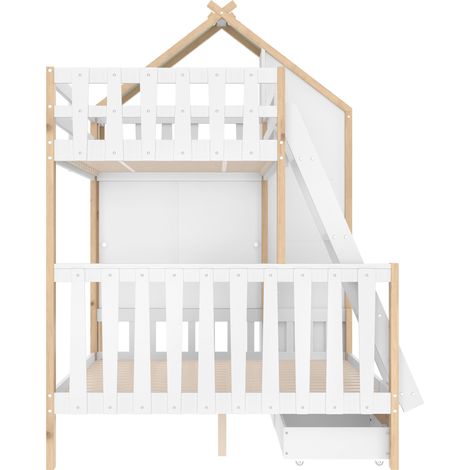 Letto a castello per bambini 90x200 cm + 140x200 cm con scala, 2 cassetti, bianco e naturale (1/5)