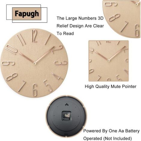 Horloge murale de 30,5 cm, silencieuse, sans tic-tac, de style moderne, décorative, précise, pour la maison, le bureau (beige) (1/4)