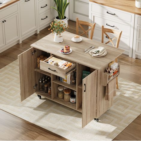 Meuble de cuisine sur roulettes avec plateau rabattable, 120 cm, MDF, naturel HAVRYA (1/5)