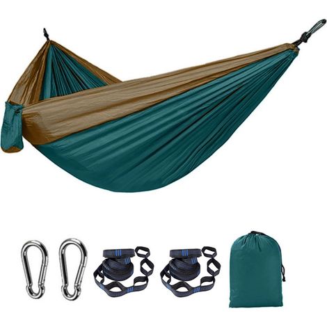 Hamaca ultraligera de viaje para camping  Capacidad de carga de 300 kg (270 x 140 cm) Nylon de paracaídas  2 mosquetones de alta calidad, 2 correas de nylon  Para interior/exterior/jardín (1/5)
