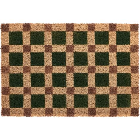 Paillasson en Fibre de Coco 60 x 90 cm Antidérapant Dessous en PVC Motif à Carreaux Vert et Beige Villasis (1/5)