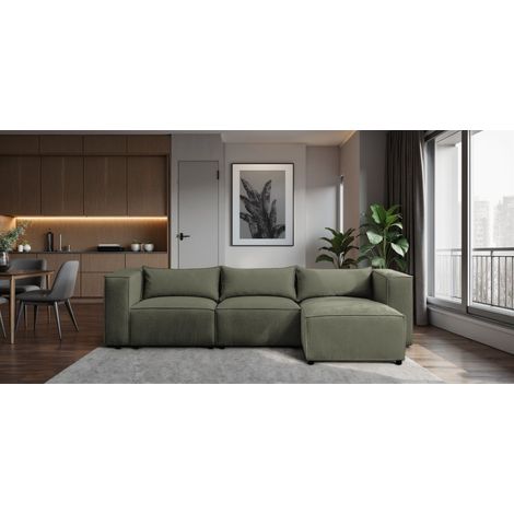 Ecksofa Designersofa NEVIO in Stoff Lincoln Moosgrün Ottomane Rechts