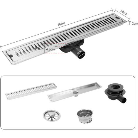 Grille de Douche Inox 304 10x80cm, Drain de Sol Salle de Bain avec Entrée Latérale et Siphon Plastique, Évacuation Linéaire Anti-odeurs pour Salle d'Eau (1/4)