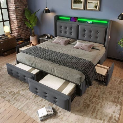 Lit coffre - SOGEU - 140x200 - Tissu coton-lin gris - 4 tiroirs & poches latérales - LED + station de charge (USB/Type-C) (1/5)