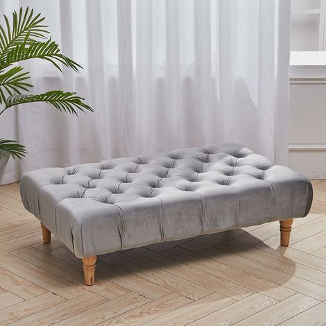 Velvet Buttoned Footstool with Wood Legs, Grey