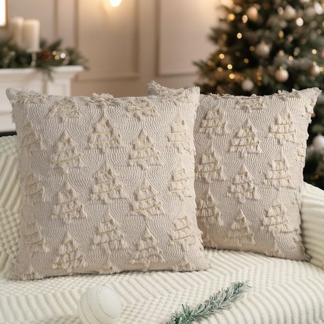 Lot de 2 housses de coussin décoratives en laine douce, imitation fourrure de sapin, lignes dorées pour les vacances, l'hiver, le salon, le canapé, beige 40 x 40 cm (1/5)