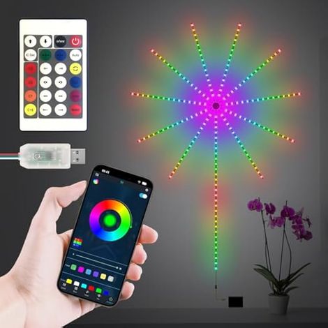 Ruban LED Feu d'Artifice RGBIC, télécommande et APP, boîtier batterie, USB synchronisation musicale, décoration murale fête Noël chambre.