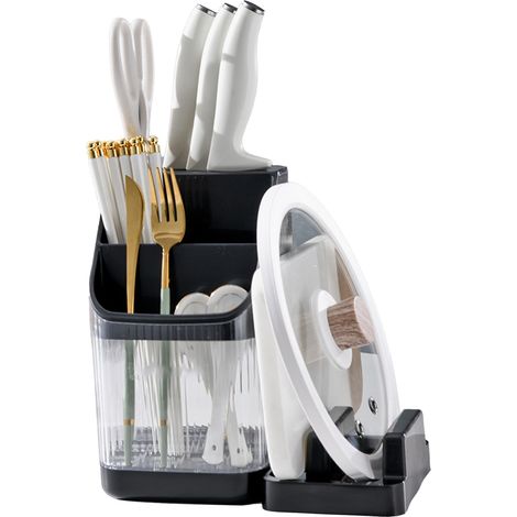 Multifunktionales Küchenregal mit Ablagefläche für Arbeitsplatte, Schneidebrett, Topfdeckel, Essstäbchen, Gabeln und Löffel hochwertiger schwarzer Halter (1/5)