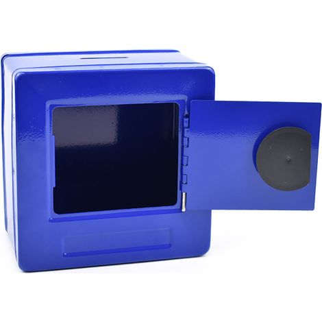 Tirelire pour enfants, grande capacité, en fer robuste, bleue, avec bouton et code. (1/5)