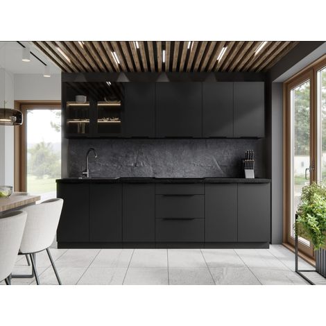 Azura Home Design – Cuisine complète Siena noire 260 cm – 4 meubles hauts et 4 meubles bas – Finition noir mat – Montage simple et rapide (1/5)