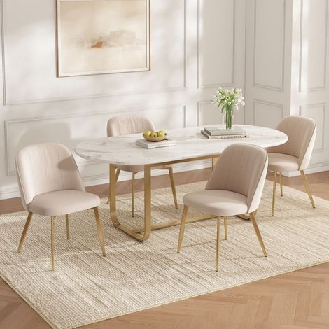 Chaises de salle à manger - Lot de 4 - Velours beige & finitions dorées - Pieds métal - Charge 150 kg
