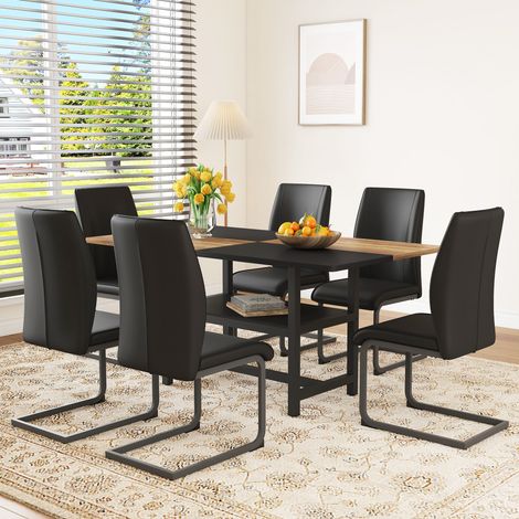 Tisch- und Stuhlset bestehend aus einem rechteckigen Esstisch und 6 schwarzen Esszimmerstühlen (160 x 90 x 76 cm)