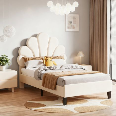 Letto singolo 90x200, struttura letto con testiera a forma di fiore e rete a doghe, letto imbottito per bambini, velluto, beige (1/5)