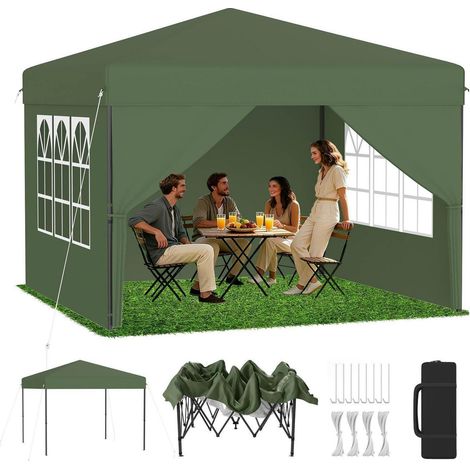 Tonnelle pliante 3x3m avec levage One-Touch, réglage de hauteur 3 positions, parois latérales incluses (1/5)