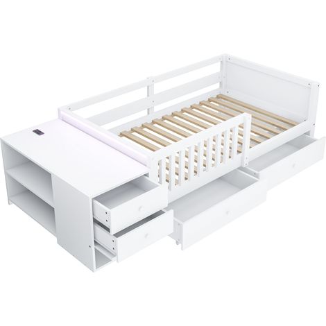 Lit mezzanine enfant 90 x 200 cm avec rangements, bureau, prise et LED, blanc (1/5)