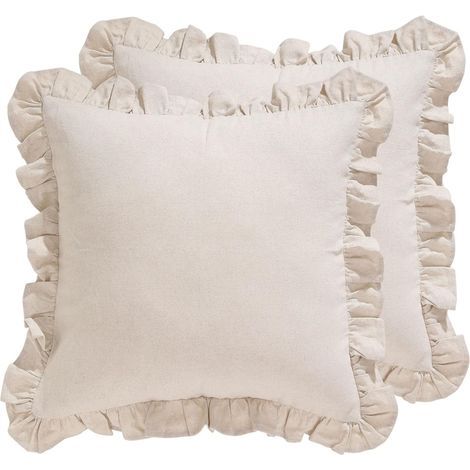 FITLAB-Lot de 2 housses de coussin décoratives en lin style shabby chic, à volants, carrées et unies, pour canapé, lit, salon (1/4)