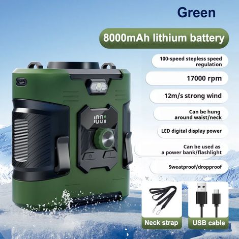 (Vert) Ventilateur de taille, portable pour les sports de plein air et le camping, chargement USB. (1/5)