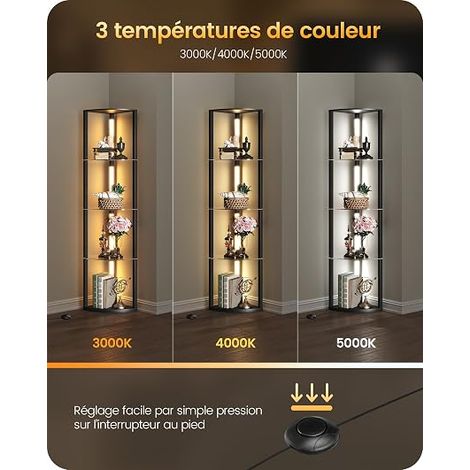 Floor Lamp with Glass Shelves, Corner Shelf for Living Room, 20W LED Adjustable Floor Lamp, 360° Swivel Light Bar for Bedroom, Office, Black ZG54LDD05N1 (1/4)