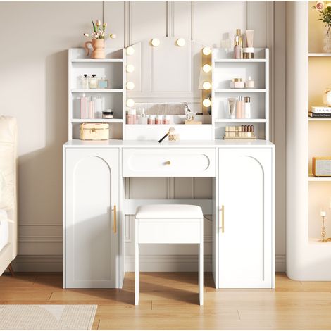 Coiffeuse en MDF blanc avec miroir LED, 2 armoires, 1 tiroir et tabouret (1/5)