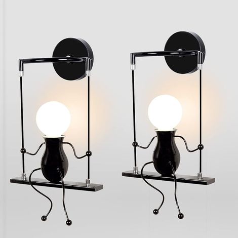 Lot de 2 Appliques Murales Interieur Lampe Murale Moderne Design Balançoire Humanoïde Lampe de Mur Créative Art Déco Éclairage E27 pour Chambre D'enfants Couloir Escalier (Noir)