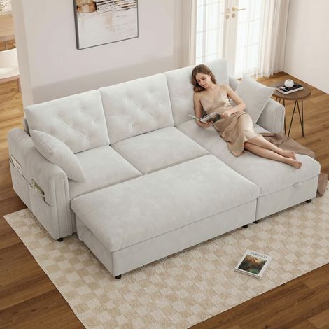 Seyakany Canapé convertible d'angle en L,canapé modulable 3 places avec rangement et repose-pieds,méridienne réversible droite/gauche,velours,Beige (1/5)