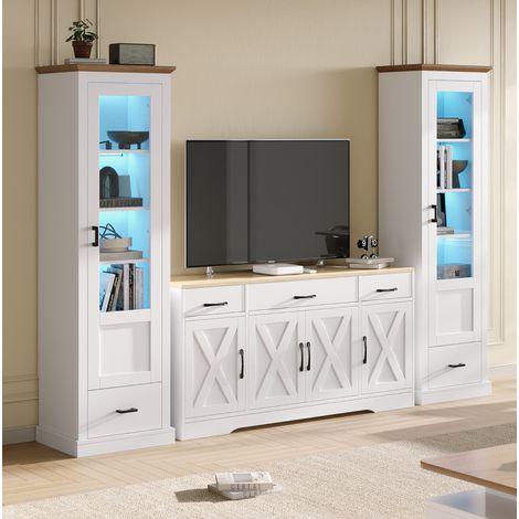 Vitrina alta con LED y USB en blanco mate y nogal claro OKMYHOME (1/5)