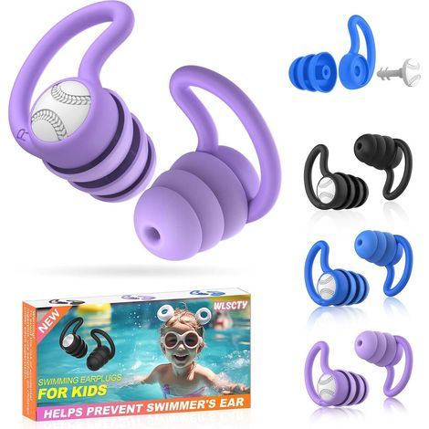 Lot de 3 Paires de Bouchons d'oreille pour Enfant- En Silicone Souple - Imperméables et réutilisables - Pour la douche, la natation, le surf (Noir + Bleu + Violet) (1/5)