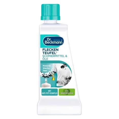 Détachant lubrifiants et huiles 50ml – Élimine les tâches d'huile, cambouis et goudron – Respecte les couleurs et textiles – Pour tissus lavables et non lavables – Dr Beckmann
