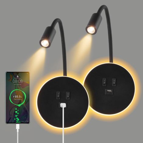 2PCS Applique Murale Interieur LED, Lampe de Lecture avec interrupteur, Liseuses Murales de Chevet Réglable avec Chargeur USB, 3000K Lecture de Chevet Applique Murale pour Chambre Salon (Noir) (1/5)