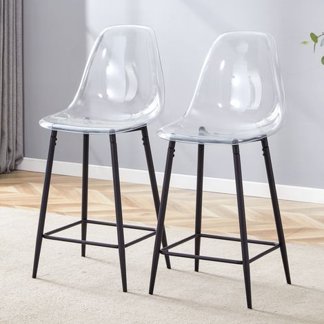 Ensemble de 2 tabourets de bar transparents avec structure en métal argenté, doré ou noir — chaises design moderne pour cuisine, bar et salle à manger (tabourets uniquement, table non incluse) (1/5)