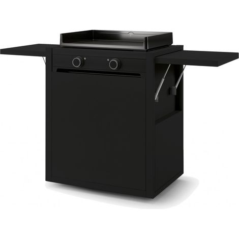 Forge Adour – Chariot fermé pour plancha – Acier noir 3 couches – Tablettes rabattables avec vérins hydrauliques – Rangement bouteille de gaz (1/5)