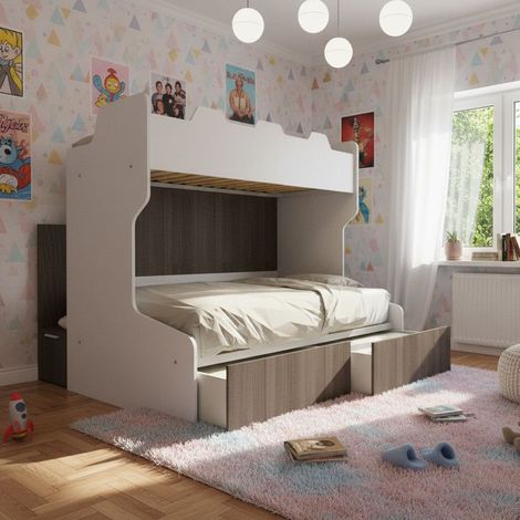 Letto a castello salvaspazio con scala contenitore - 1 Piazza e mezza + singolo - Bianco e Olmo (1/5)