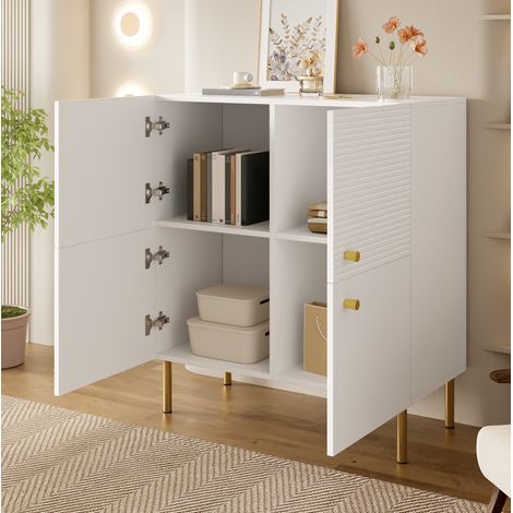 Credenza moderna bianca in MDF con maniglie in lega di zinco e piedini in acciaio, 80 x 36 x 90 cm (1/5)