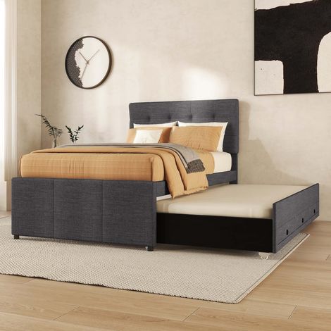 Lit gigogne capitonné 90x200 cm en lin gris avec 3 tiroirs, couchage supplémentaire 90x190 cm, tête de lit réglable, sans matelas (1/5)