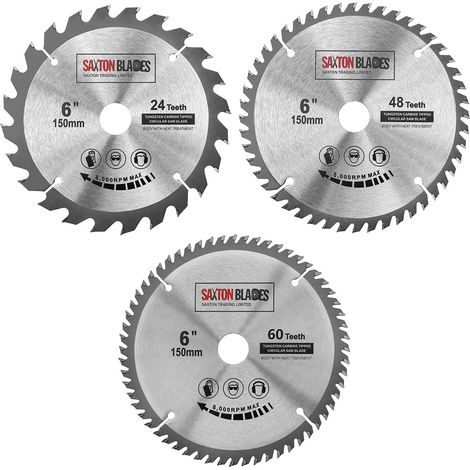 3x Saxton TCT lames de scie circulaire 150 mm x 20 mm alésage 24, 48 et 60 dents + 16 mm et 10 mm bague compatible avec Ryobi Bosch Makita Dewalt (1/5)