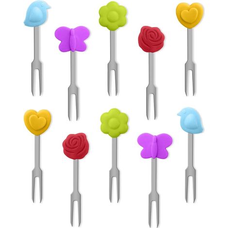 10 Pièces Petite Fourchette à Dessert Inox,Mini Fourchette Apéritif Cocktail,Fourchettes à Fruits,Fourchette à Gâteau Salade Sandwich,Fourchette de Table Restaurant avec Décoration en Silicone (1/5)