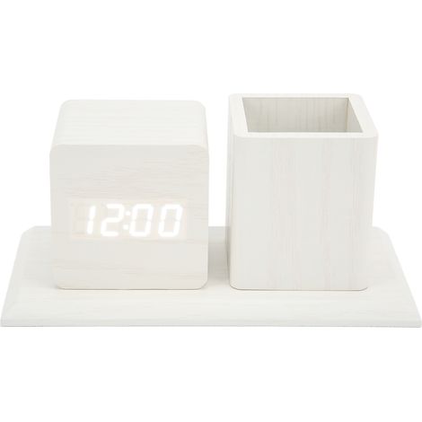 Horloge Numérique LED avec Calendrier et Thermomètre, Commande Vocale, 3 Réglages de Luminosité, Réveil, Design Bois Blanc Lumière Blanche (1/5)