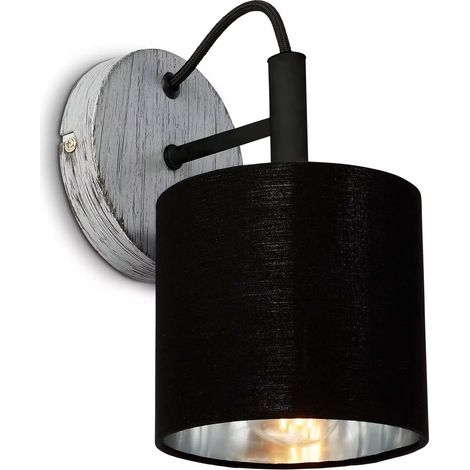 Aplique de pared E14 con pantalla negra plateada de estilo retro para salón y dormitorio. (1/5)