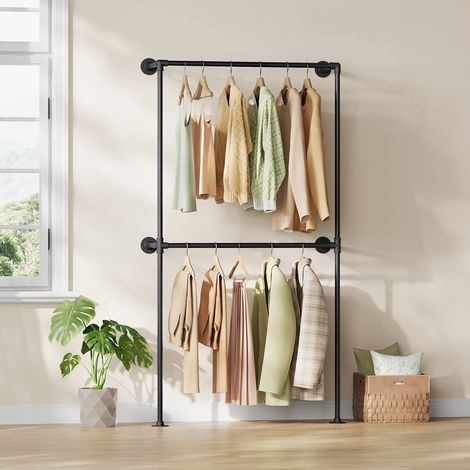 WOLTUKleiderständer Wandmontage mit 2 Stangen wandmontage Offener Kleiderschrank Garderobenständer für Wohnzimmer Schlafzimmer Büro, 102,5x187x36,5 cm, Schwarz